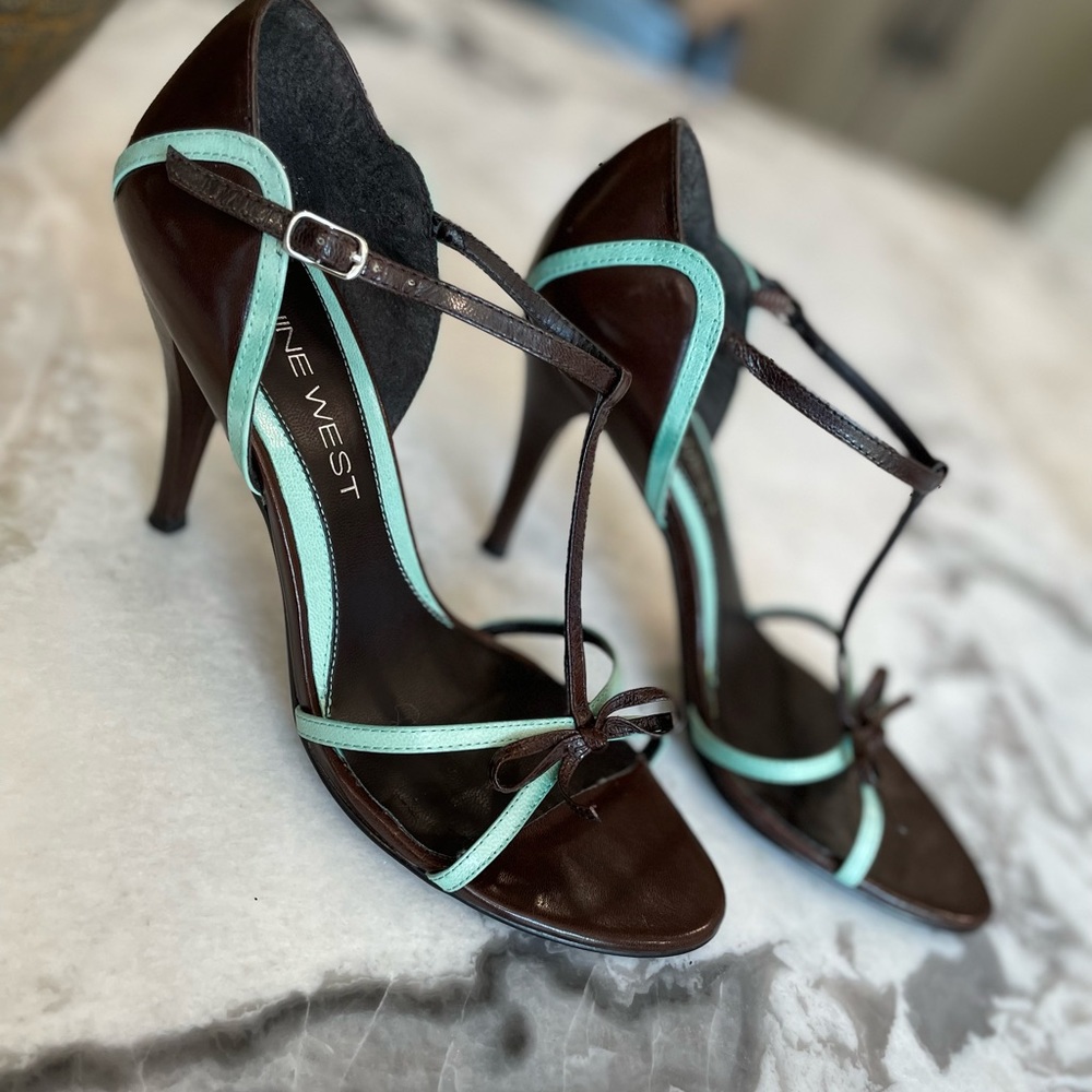 Franco Sarto Cordless Dark Brown/Blue Leather Heels - Picture 3 of 7